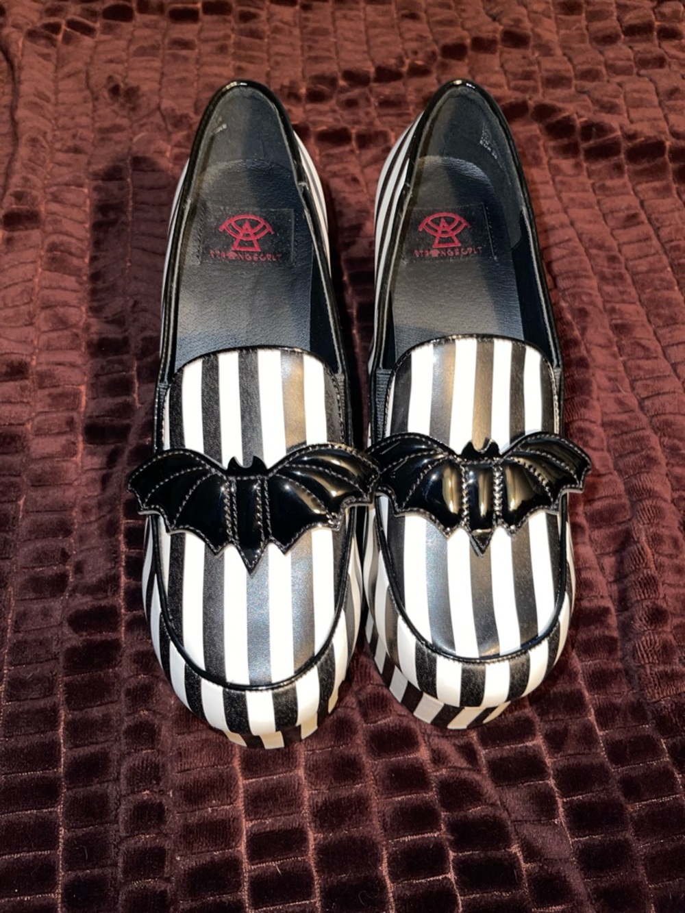 Striped Black & White Bat Accent Loafers - Women
